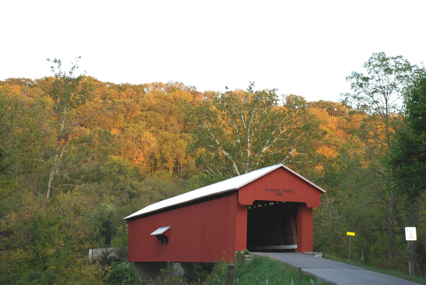 A covered bridge in autumn